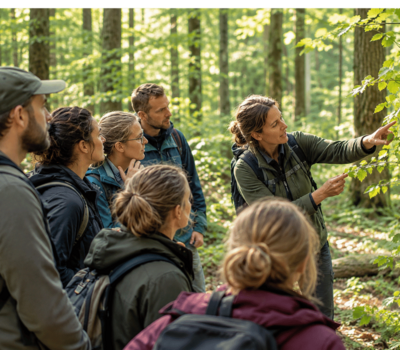 eine Frau erklärt einer Gruppe etwas im Wald