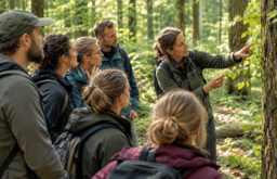 eine Frau erklärt und zeigt einer Gruppe von Menschen etwas im Wald