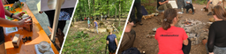 drei Bilder, auf einem sieht man ein Baumquiz, auf dem zweiten Kinder im Wald, auf dem dritten eine Fortbildung am Feuer